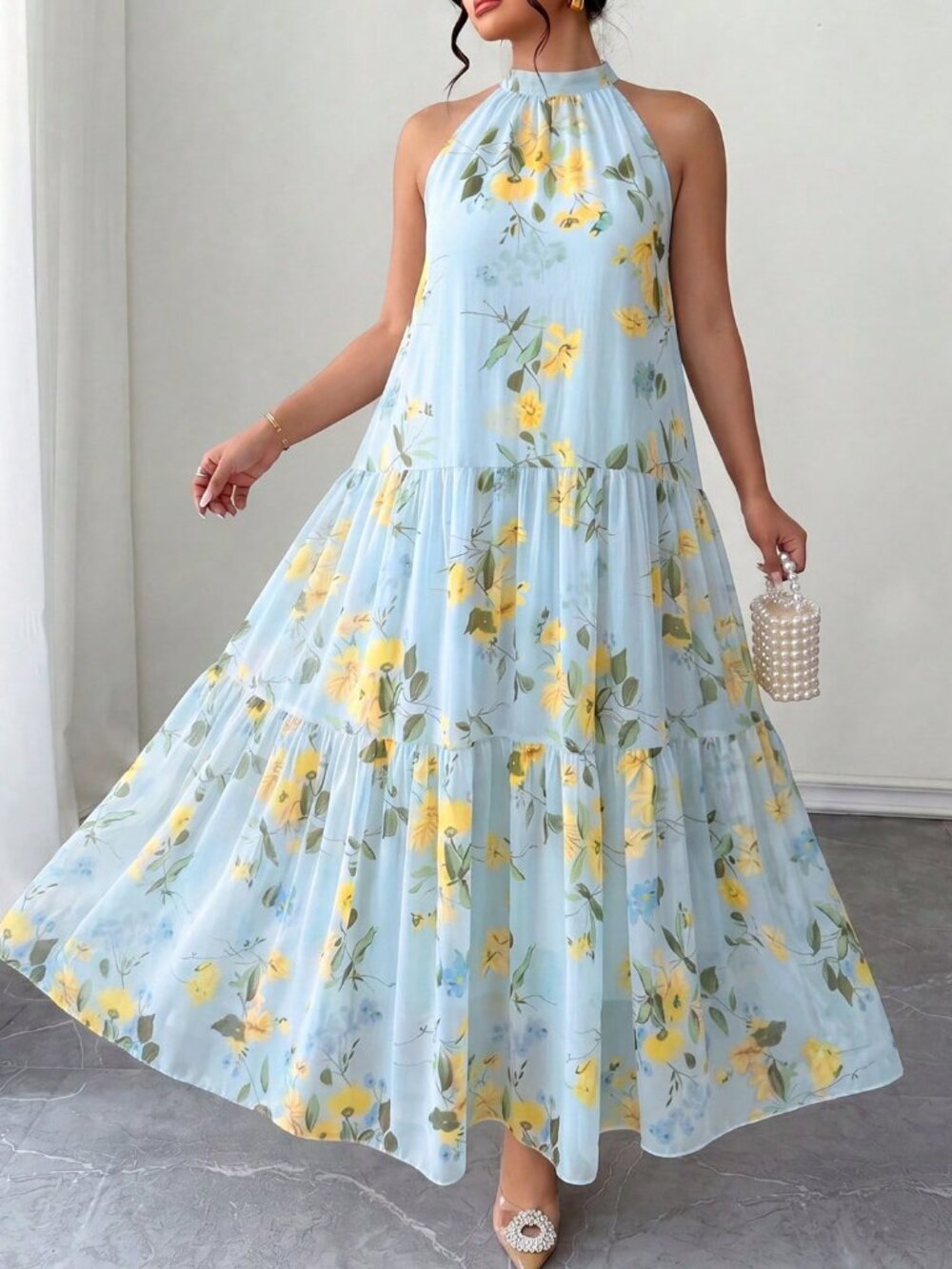 Baby Blue Boho Women's Plus Size Floral Halter Neck Sleeveless Flowy Maxi Dress - Picture 6 of 6